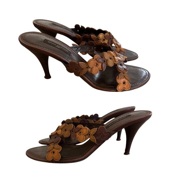 VINTAGE y2k Louis Vuitton Brown Flower Leather Strappy Sandals Heels US 6 - Picture 5 of 7